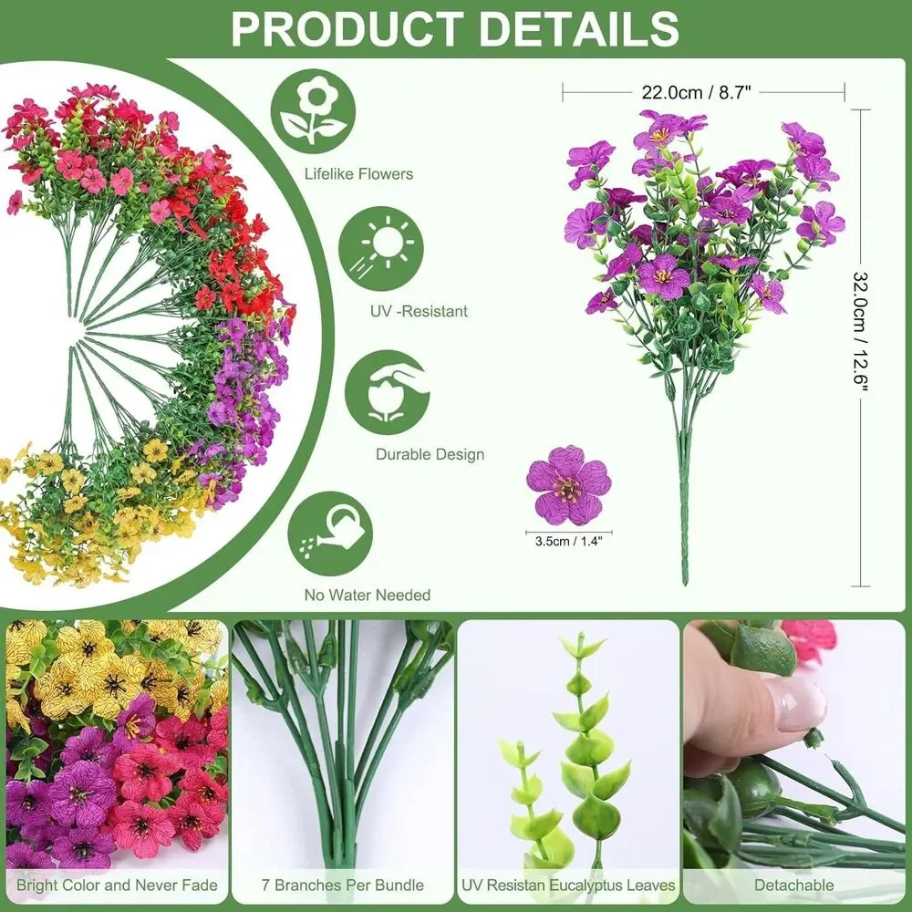 12 Bundles UV Resistant Artificial Outdoor Flowers Faux Plants Multicolor Decor - Picture 7 of 8